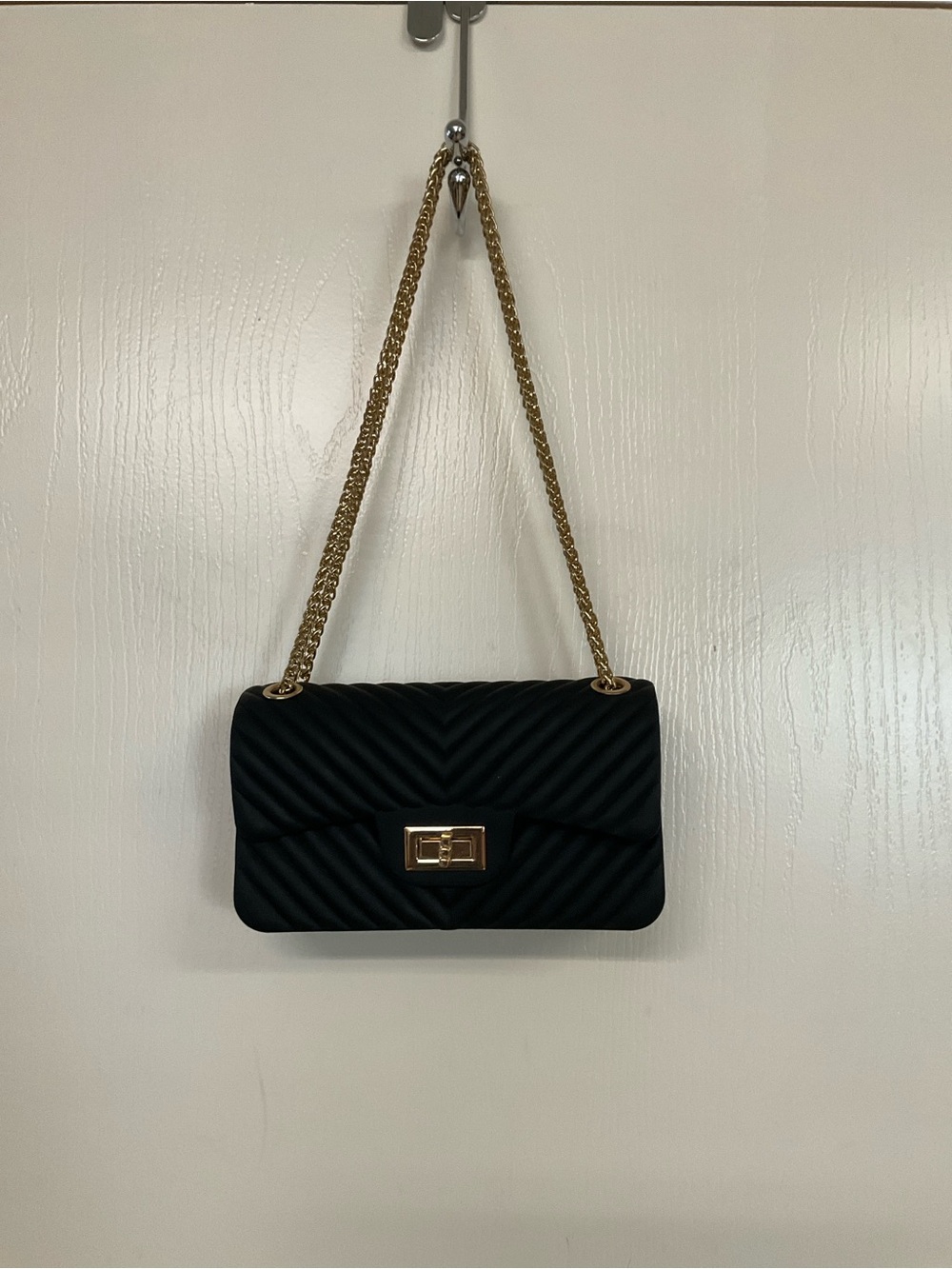Black Quilted Jelly Chain Shoulder Bag with Gold Hardware